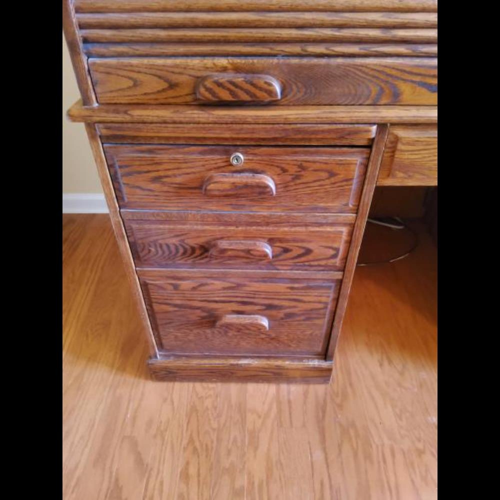 Roll-Top Desk - Solid Oak Finish, Multiple Drawers, Classic Design, Medium Brown
