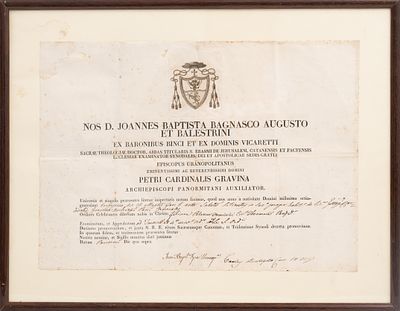 DECRETO VESCOVILE datato 26 Marzo 1830 a firma di Giovanni Battista Bagnasco (Palermo 1791 – 