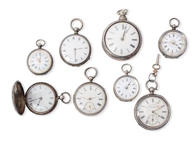 COLLEZIONE di otto orologi da tasca in argento 800, 925 e 935 di diversa origine ed epoca (usure).