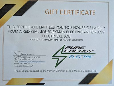 8 hours of electrical labor. Fair Market Value of $760. This certificate entitles you to 8 hours 