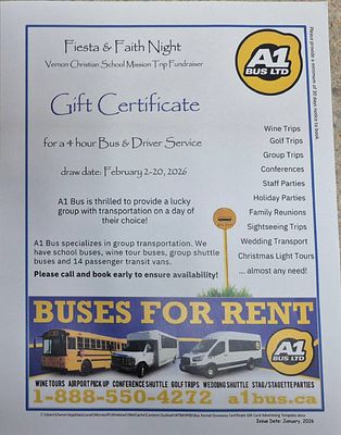 4 hour Bus & Driver Service from A1 Bus Ltd. Fair Market Value $765. Gather your friends for a 