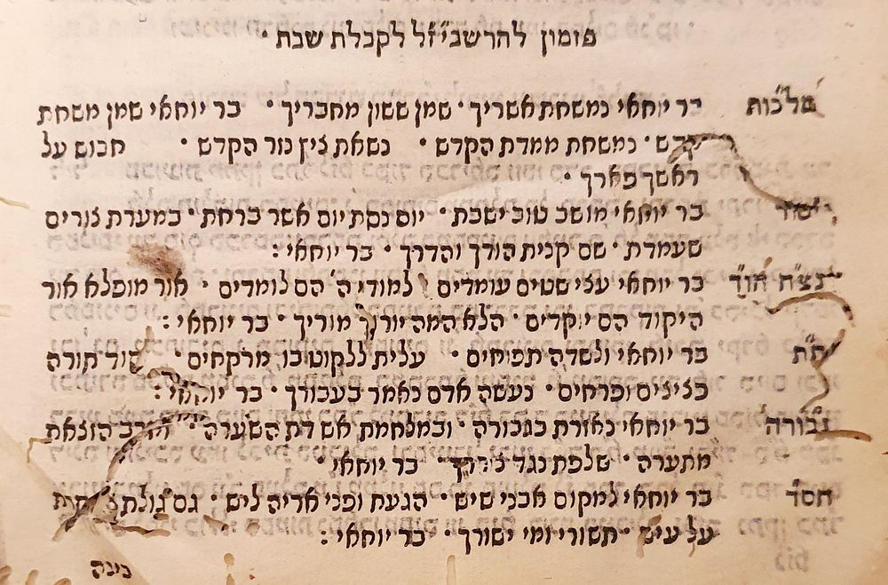 פיוט בר יוחאי מהדורה ראשונה! ספר היכל ה', ויניציאה, שס"א. 
דפוס ראשון של הפיוט 'בר יוחאי' 