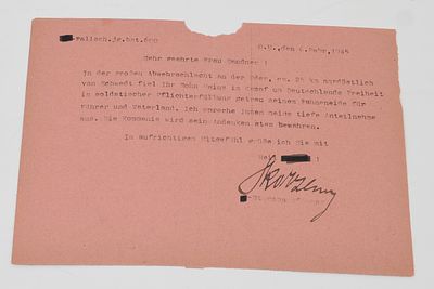 Autograph Otto Skorzeny, Tinten OU "Skorzeny" auf Beileidschreiben SS-Fallsch. jg. bat. 600 a. 