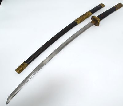 Japan Katana, Klinge m. &Auml;tzdamast, L. 76, ges. 103cm, Tsuba, Griffh&uuml;lse u. u. Kappe 