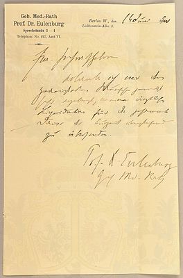Autograph of doctor Albert Eulenburg of 1900. Prof. Dr. Eulenburg, Albert, (1840-1917) 