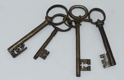 4 antique Keys. 4 antique keys, circa 1830, wrought iron, handmade, for doors, chests, etc.