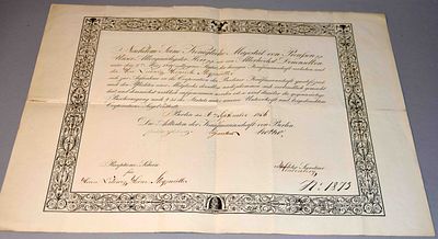 Receptions Certificate Trade Company Berlin 1836. Reception Certificate Merchant Guild Berlin 