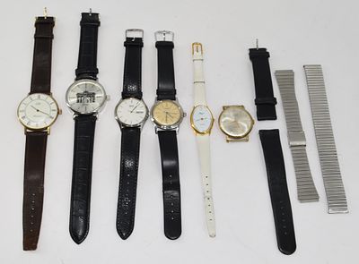 5 wristwatches. 6 wristwatches, 2 metal straps, L.A. Leuba Geneve, Seiko Quartz, Royal Quartz 