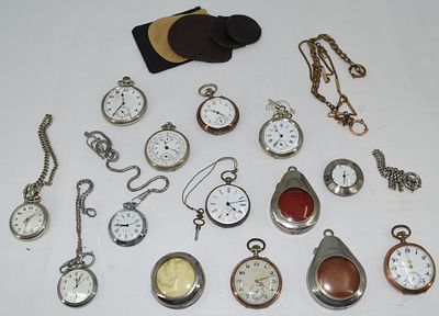 11 pocket watches, 3 metal protective cases and 5 leather cases, watches antique and modern, 2 