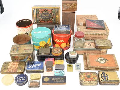 34 Factory Boxes 1910-1970. Collection of advertising tins and boxes, 34 pieces, 1910 - 1970 