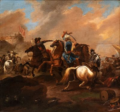 Jan van Huchtenburgh (Haarlem, 1647 - Amsterdam, 1733) Workshop of - Oil on canvas cm. 44x47. 