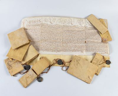 Lotto di 10 manoscritti ecclesiastici su pergamena, XIX secolo. di cui 5 con bolle papali in 