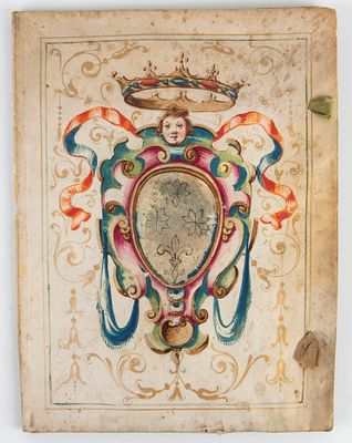 Legatura in pergamena. Legatura originale in pergamena dipinta con stemma araldico di famiglia. 