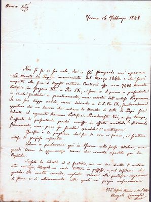 [Manoscritto Numismatica] Angelo Cinagli, 1848. Lettera manoscritta, datata Fermo, 16 febbraio 