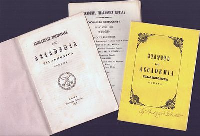 Stato dell'Accademia Filarmonica Romana, Roma: Tipografia Contedini 1857. In 8&deg;, 32 pp. Incluso: 