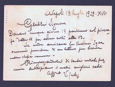 VINCENZO IROLLI Cartolina autografa firmata, 1939