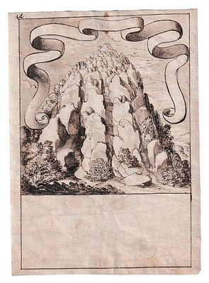 Schizzo per un emblema con una montagna, XVII secolo. Penna, inchiostro bruno e acquarello su 