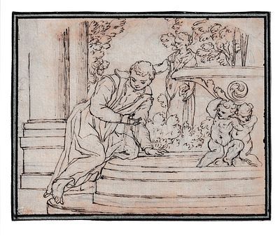 Studio con un giovane alla fontana, scuola emiliana del XVIII secolo. Penna, inchiostro bruno e 