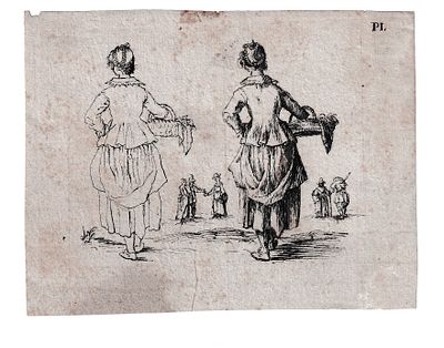 Due donne di schiena, da Jacques Callot, artista centro-italiano del XVII secolo. Inchiostro 