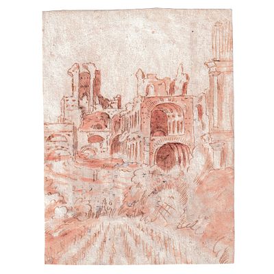 Veduta con Foro Romano | Scorcio di Roma, anonimo artista del fine XVIII secolo. Inchiostro 
