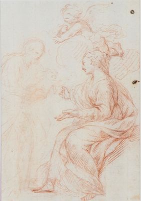 Studio per la Sacra Famiglia con putto, artista bolognese del inizi XVIII secolo. Sanguina su 