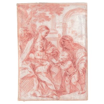 Sacra Famiglia con Sant’Anna e San Giovannino, scuola romana del XVII-XVIII secolo. Sanguigna su 
