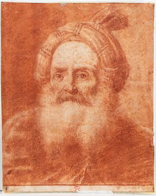 Artista emiliano, XVII - XVIII secolo - Red chalk on paper, 256 x 204 mm. Backed. Indecipherable 