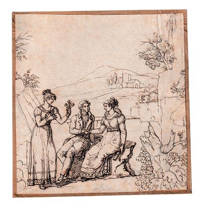 Scena pastorale, scuola francese del XVIII secolo. Inchiostro bruno, penna e tracce di matita su 