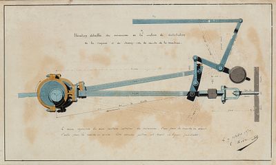 Alzato dettagliato del meccanismo della coulisse di distribuzione del vapore della macchina, 1870. 