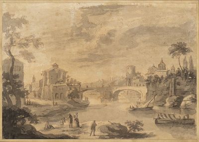 Veduta dell'Isola Tiberina a Roma, anonimo artista del XVII secolo. Inchiostro bruno, penna 