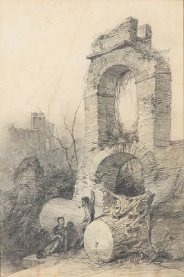 Scorcio con rovine antiche, anonimo artista del fine XIX secolo. Matita su carta non vergata 