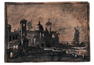 Scorcio di Venezia, anonimo artista del fine XVIII secolo. Inchiostro nero, acquerello e biacca 
