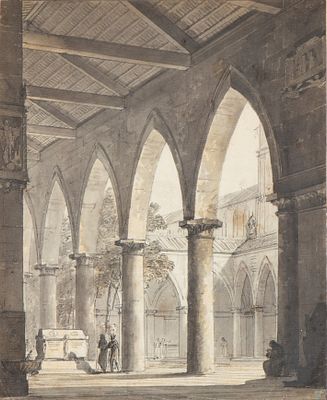 Scorcio di un chiostro, anonimo artista italiano del fine XVIII secolo. Inchiostro nero e 
