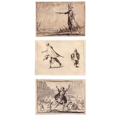Jacques Callot (1592 - 1635) - Lotto di tre incisioni dalla serie. Acquaforte, 55 x 80 mm, 58 x 83 