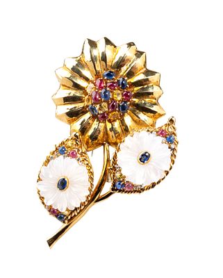 FILIPPO MORONI - Flower-shaped, in 18kt yellow gold, set with corundums of various colours 