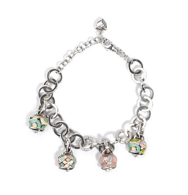 CHANTECLER - 18k white gold cable chain, with small pendant bells decorated with polychrome enamel 