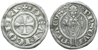 ANCONA. Repubblica (XIII-XIV secc.). Grosso agontano; Ag (2,37 g; 22,3 mm). DE ANCONA Croce 