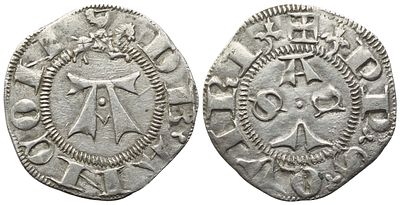 ANCONA. Repubblica. Bolognino, sec. XV; Ag (0,86 g; 17 mm). DE ANCON attorno a grande A fogliata 