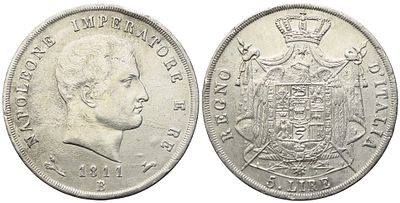 BOLOGNA. Regno d'Italia. Napoleone I (1805-1814). 5 lire 1811; Ag (24,90 g; 37 mm). NAPOLEONE 