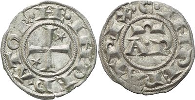 BRINDISI. Enrico VI e Costanza d'Altavilla (1194-1197). Denaro; Ag (0,77 g; 16,6 mm). • HE • 