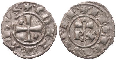 BRINDISI. Corrado I (1250-1254). Denaro; Mi (0,77 g; 15,4 mm). CONRADVS Croce patente, globetti 