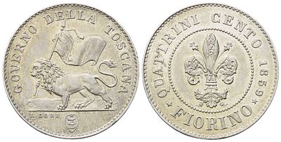 FIRENZE. Governo Provvisorio di Toscana (1859-1860). Fiorino 1859; Ag (6,84 g; 23,6 mm). GOVERNO 