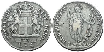 GENOVA. Repubblica. Dogi Biennali (1528-1797). 4 Lire 1795; Ag (13,87 g; 33,5 mm). DUX ET GUB 