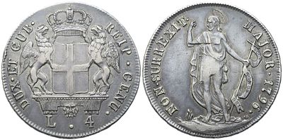 GENOVA. Repubblica. Dogi Biennali (1528-1797). 4 Lire 1796; Ag (16,68 g; 33,5 mm). DUX ET GUB 