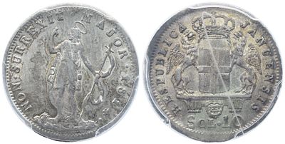 GENOVA. Repubblica. 10 Soldi 1814; Ag. RESPUBLICA - JANUENSIS Stemma coronato tra due grifi. Rv. 