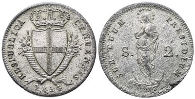 GENOVA. Repubblica. 2 Soldi 1814; Mi (2,14 g; 17,6 mm). RESPUBLICA GENUENSIS Stemma di Genova 