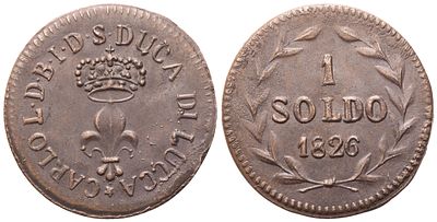 LUCCA. Ducato di Lucca. Carlo Ludovico di Borbone (1824-1847). Soldo 1826; Cu (3,15 g; 21,6 mm). 