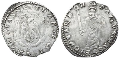 MASSA LOMBARDA. Francesco d'Este (1550-1578). Mezzo Giulio; Ag (1,60 g; 23,4 mm). FRAN EST MAR 