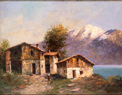 LEONARDO RODA (Racconigi 1868 - Torino 1933), Mountain landscape with farmhouse and a lake - LEONAR 