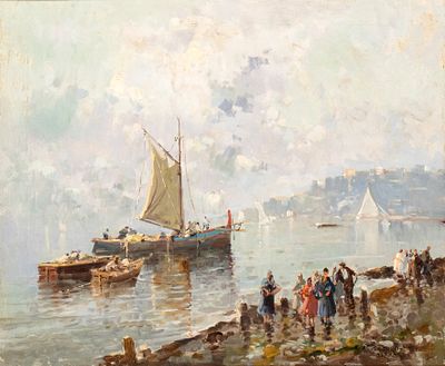 NICOLAS DE CORSI (Odessa 1882 - Torre del Greco 1956), Seascape with beach and three boats, 1923 - 